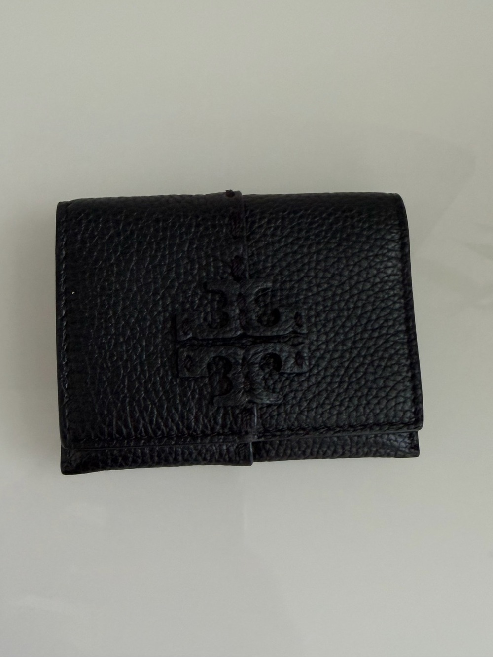 Tory Burch Black Pebbled Leather Fold Wallet with Embossed Logo